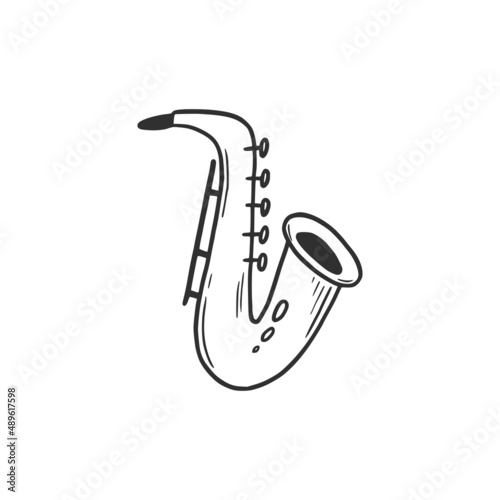 Hand drawn musical saxophone. Doodle sketch style. Drawing line simple jazz saxophone icon. Isolated vector illustration.