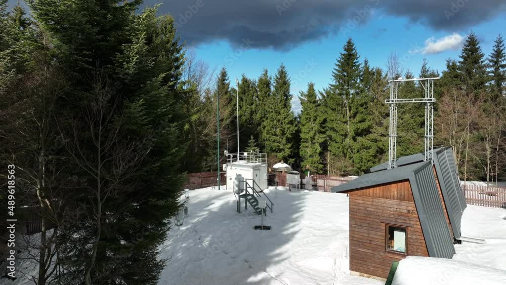 Weather meteorology stations science air quality drone aerial research measuring snow depth mountain, anemometer wind speed, air temperature humidity, meteorological monitoring technology