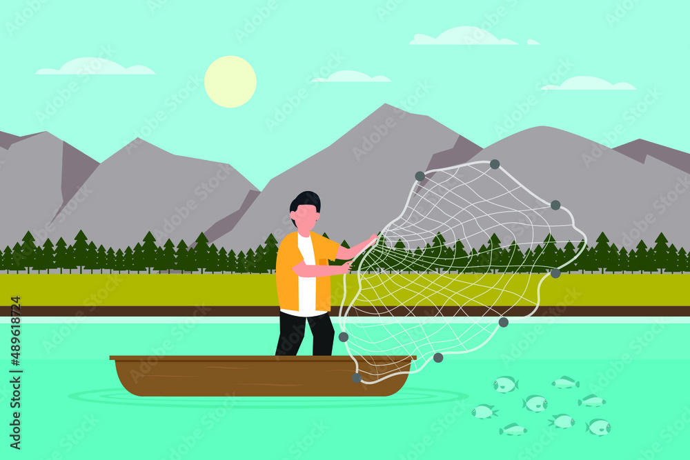 Fishing vector concept. Fisherman throws fishing net while
