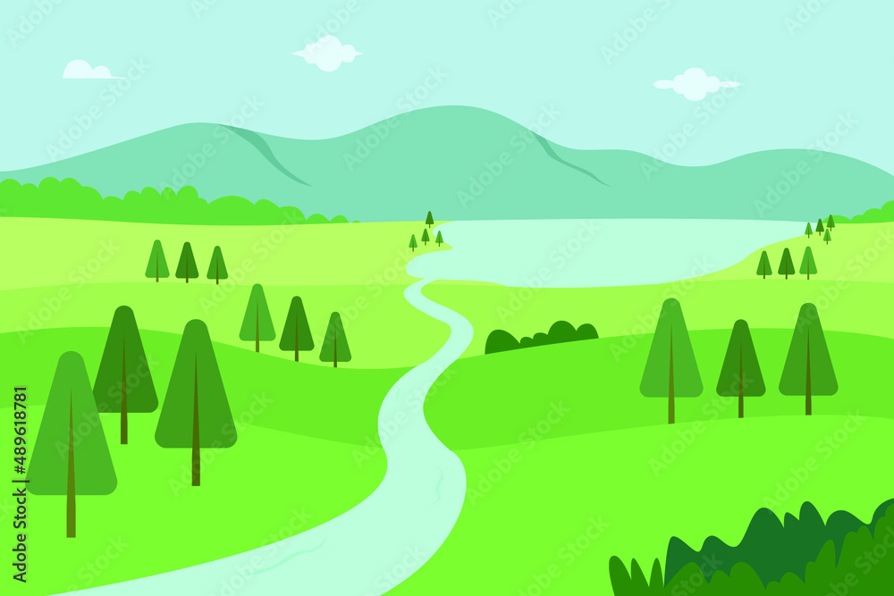 Nature vector concept. River flowing calmly across dense green forest with mountain background