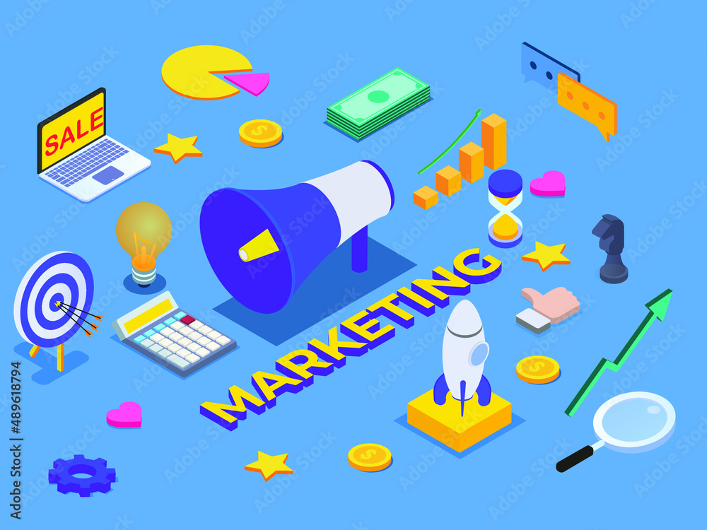 Marketing vector concept. Marketing word with megaphone and business symbol