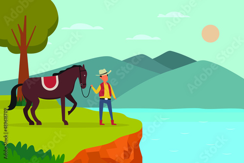 Nature vector concept. Cowboy holding his horse while standing on the cliff with mountain background