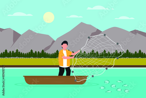Fishing vector concept. Fisherman throws fishing net while catching fish on the lake with mountain background