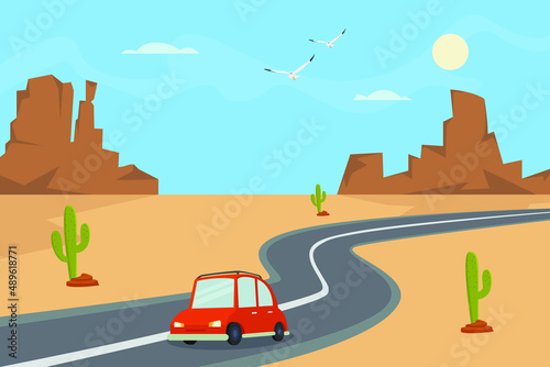 Road trip vector concept. Red car moving on the highway at the desert