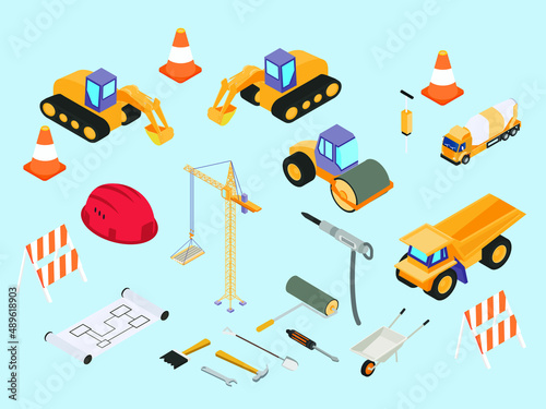 Construction industry isometric concept. Construction equipments and transportation in the construction site