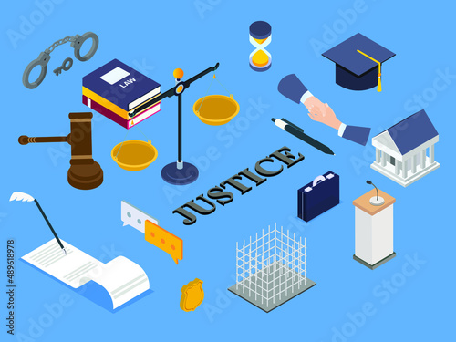 Justice vector concept. Justice tools with graduation hat in the studio with blue background