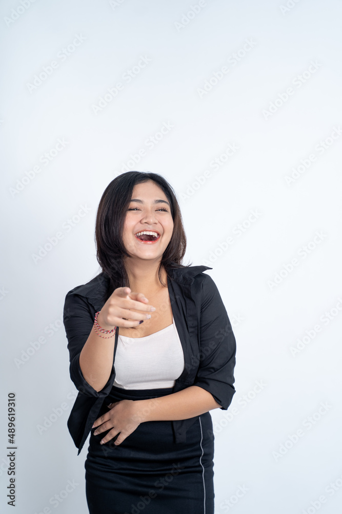 woman with finger pointing hand gesture on isolated background woman with finger pointing hand gesture on isolated background