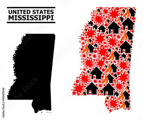 War mosaic vector map of Mississippi State. Geographic mosaic map of Mississippi State is designed with random fire, destruction, bangs, burn realty, strikes.