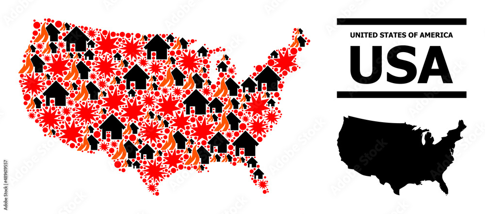 Obraz premium War mosaic vector map of USA. Geographic mosaic map of USA is created from scattered fire, destruction, bangs, burn realty, strikes. Vector flat illustration for political and patriotic agitation.