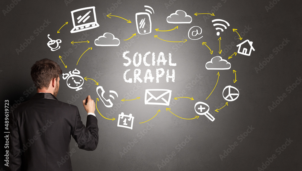 businessman drawing social media icons businessman drawing social media icons
