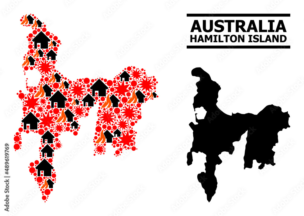 War collage vector map of Hamilton Island. Geographic collage map of Hamilton Island is organized with scattered fire, destruction, bangs, burn realty, strikes.