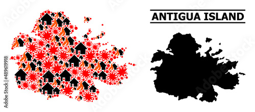 War mosaic vector map of Antigua Island. Geographic mosaic map of Antigua Island is done with random fire, destruction, bangs, burn houses, strikes. Vector flat illustration for war propaganda.