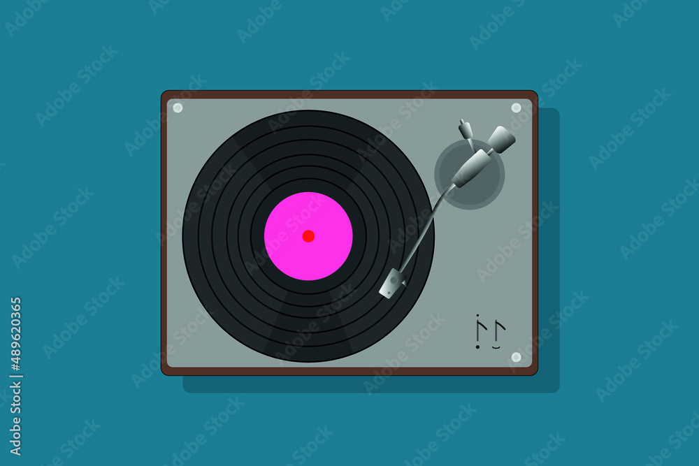 Record player with vinyl record, isolated. vector illustration.Vintage record player with retro vinyl discs. Realistic vector illustration. Vinyl player in pop art style view from above