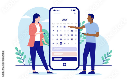 Calendar planning - Two casual business people looking at smartphone app making plan for work project. Flat design vector illustration with white background