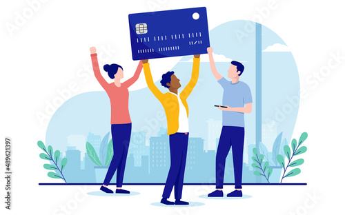 Cheerful people with credit card - Three characters in casual clothes holding card over head, cheering and celebrating. Flat design vector illustration with white background