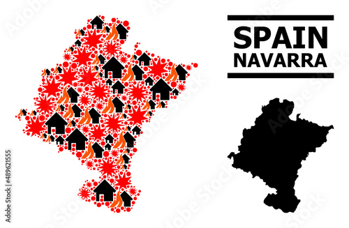 War collage vector map of Navarra Province. Geographic collage map of Navarra Province is combined with random fire, destruction, bangs, burn houses, strikes. photo