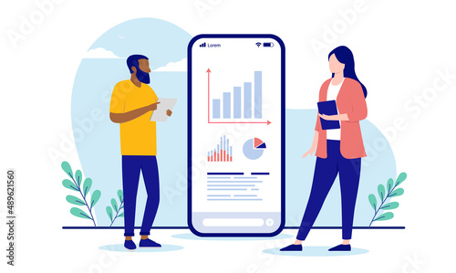 Looking at business data - Abstract illustration of businesspeople analysing graphs and charts on phone screen. Flat design vector illustration