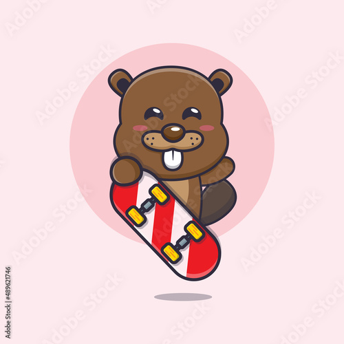 cute beaver mascot cartoon character with skateboard