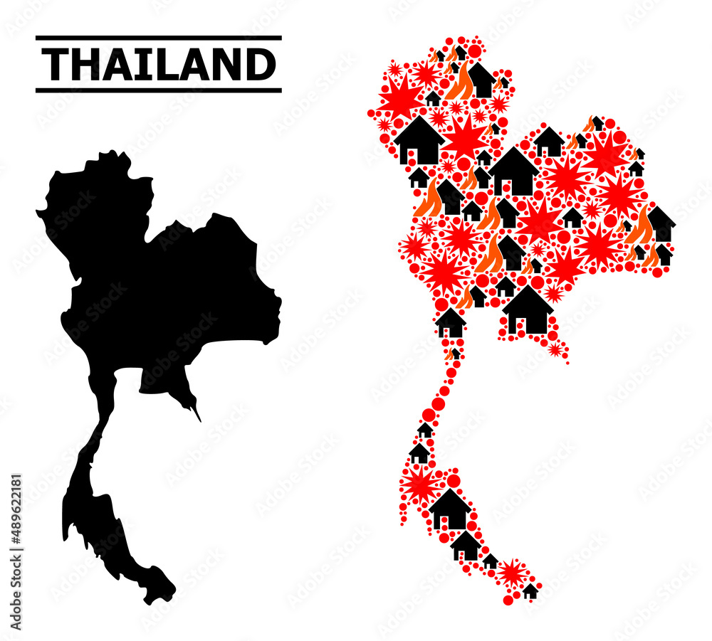 War mosaic vector map of Thailand. Geographic concept map of Thailand is composed from scattered fire, destruction, bangs, burn houses, strikes. Vector flat illustration for war promotion.