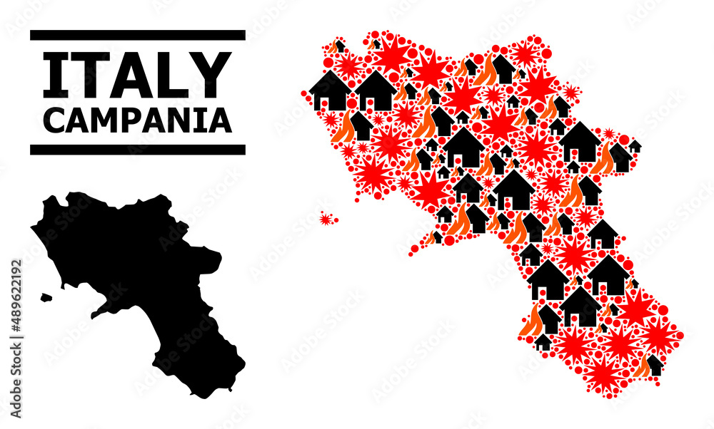 War mosaic vector map of Campania region. Geographic mosaic map of Campania region is designed with scattered fire, destruction, bangs, burn realty, strikes. Vector flat illustration for war purposes.