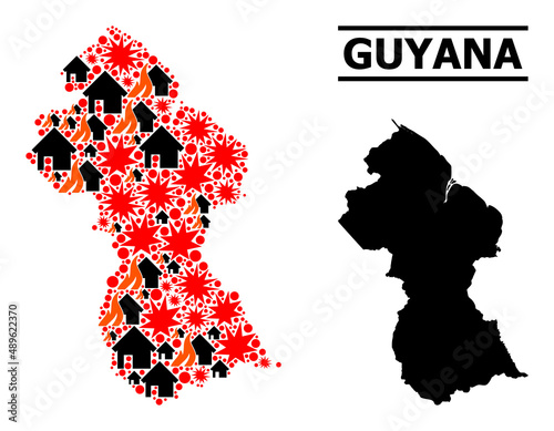 War collage vector map of Guyana. Geographic collage map of Guyana is composed with randomized fire, destruction, bangs, burn homes, strikes.