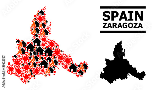 War collage vector map of Zaragoza Province. Geographic collage map of Zaragoza Province is constructed from random fire, destruction, bangs, burn houses, strikes.