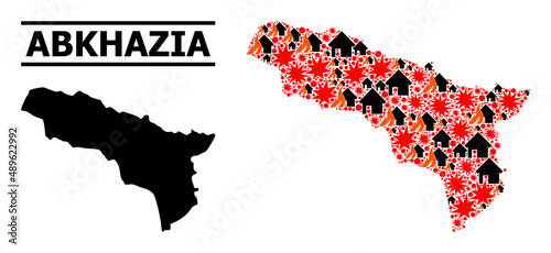 War pattern vector map of Abkhazia. Geographic concept map of Abkhazia is composed from randomized fire, destruction, bangs, burn homes, strikes. Vector flat illustration for war propaganda.