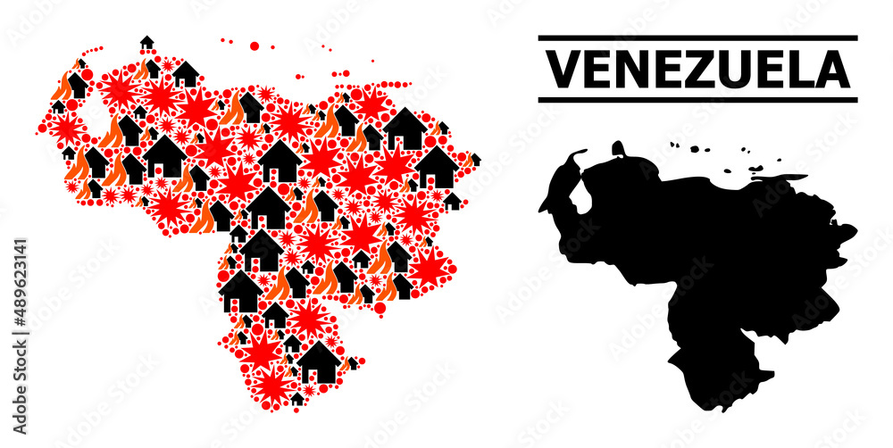War pattern vector map of Venezuela. Geographic collage map of Venezuela is created from random fire, destruction, bangs, burn houses, strikes. Vector flat illustration for war projects.