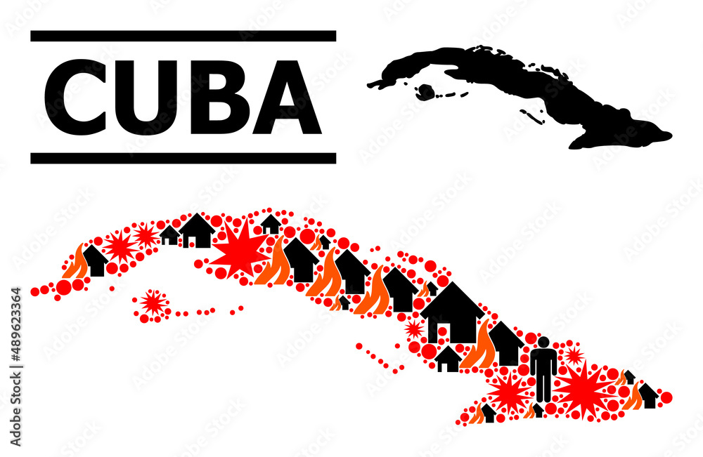 War collage vector map of Cuba. Geographic composition map of Cuba is designed from scattered fire, destruction, bangs, burn realty, strikes. Vector flat illustration for war projects.