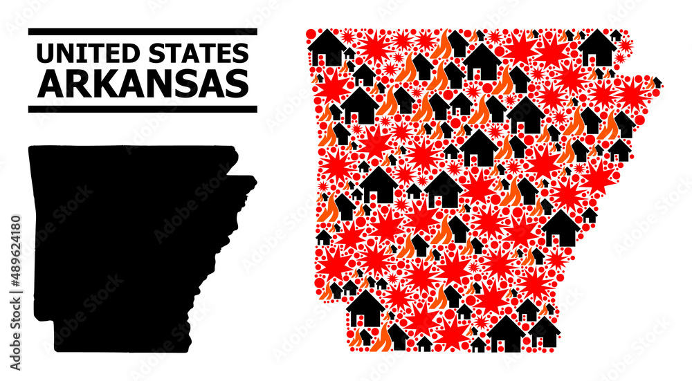 War mosaic vector map of Arkansas State. Geographic mosaic map of Arkansas State is combined with scattered fire, destruction, bangs, burn realty, strikes.