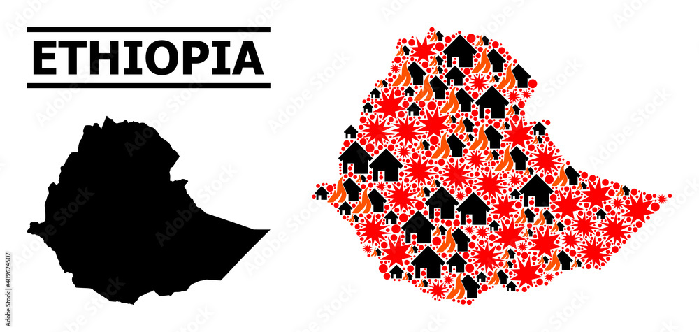 Obraz premium War pattern vector map of Ethiopia. Geographic collage map of Ethiopia is composed from scattered fire, destruction, bangs, burn houses, strikes. Vector flat illustration for war doctrines.