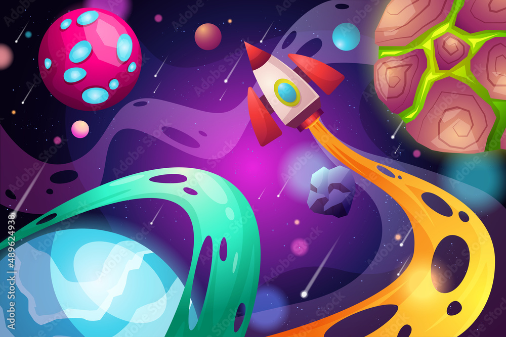 Planets in outer space with satellites, falling meteor and asteroids in dark starry sky. Galaxy, cosmos, universe futuristic fantasy view background for computer game. Cartoon vector illustration