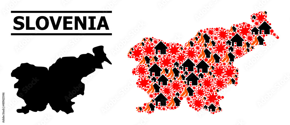 Obraz premium War collage vector map of Slovenia. Geographic collage map of Slovenia is combined from randomized fire, destruction, bangs, burn realty, strikes. Vector flat illustration for war doctrines.