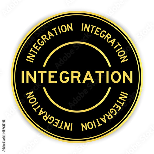 Black and gold color round label sticker with word integration on white background