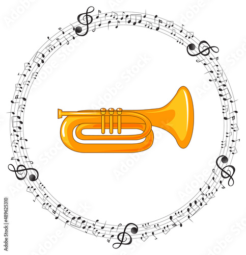 A trumpet with musical notes on white background
