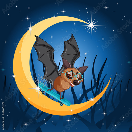 Cartoon bat with crescent moon background