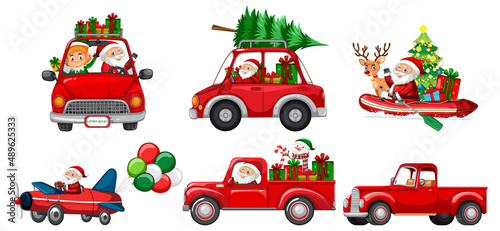 Set of different Christmas cars and Santa Claus characters