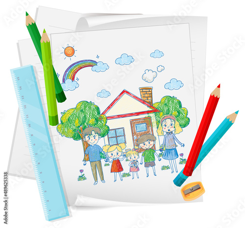 A paper with a doodle sketch design with color and colour pencils