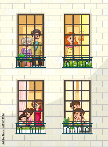 Building facade with people at the windows