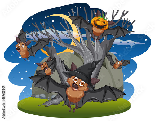 Group of bats in forest at night