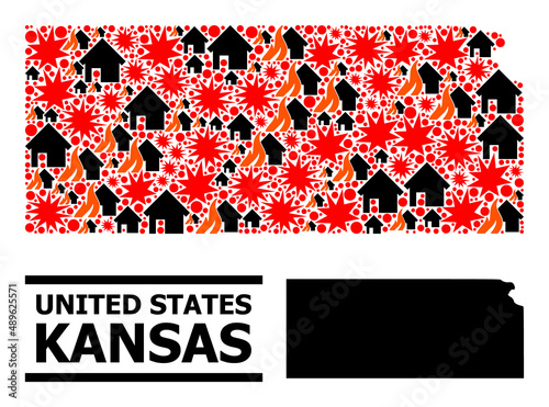War collage vector map of Kansas State. Geographic composition map of Kansas State is designed from scattered fire, destruction, bangs, burn houses, strikes. photo