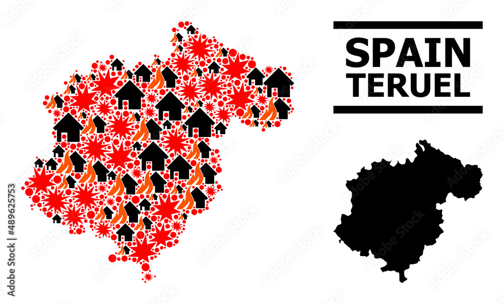 War collage vector map of Teruel Province. Geographic mosaic map of Teruel Province is done from random fire, destruction, bangs, burn houses, strikes. Vector flat illustration for war collages.