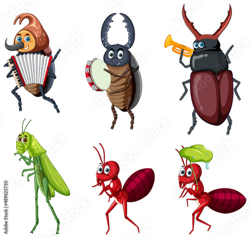 Set of different insects and beetles in cartoon style