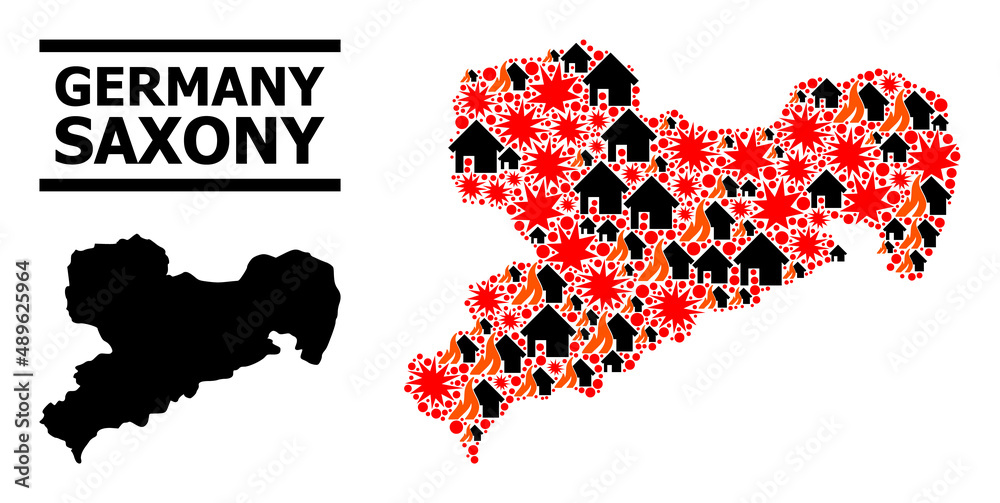 War mosaic vector map of Saxony State. Geographic composition map of Saxony State is done from randomized fire, destruction, bangs, burn realty, strikes. Vector flat illustration for war projects. War mosaic vector map of Saxony State. Geographic composition map of Saxony State is done from randomized fire, destruction, bangs, burn realty, strikes. Vector flat illustration for war projects.