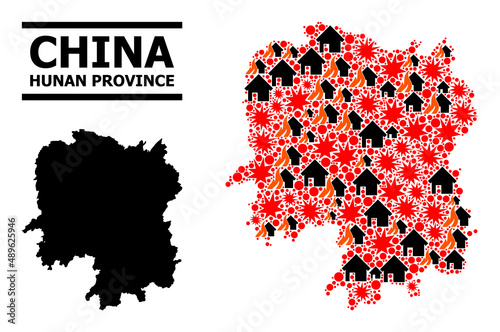 War pattern vector map of Hunan Province. Geographic concept map of Hunan Province is constructed from random fire, destruction, bangs, burn homes, strikes. Vector flat illustration for war projects.