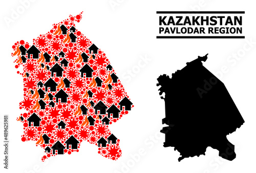 War pattern vector map of Pavlodar Region. Geographic concept map of Pavlodar Region is created with random fire, destruction, bangs, burn houses, strikes. Vector flat illustration for war collages. photo