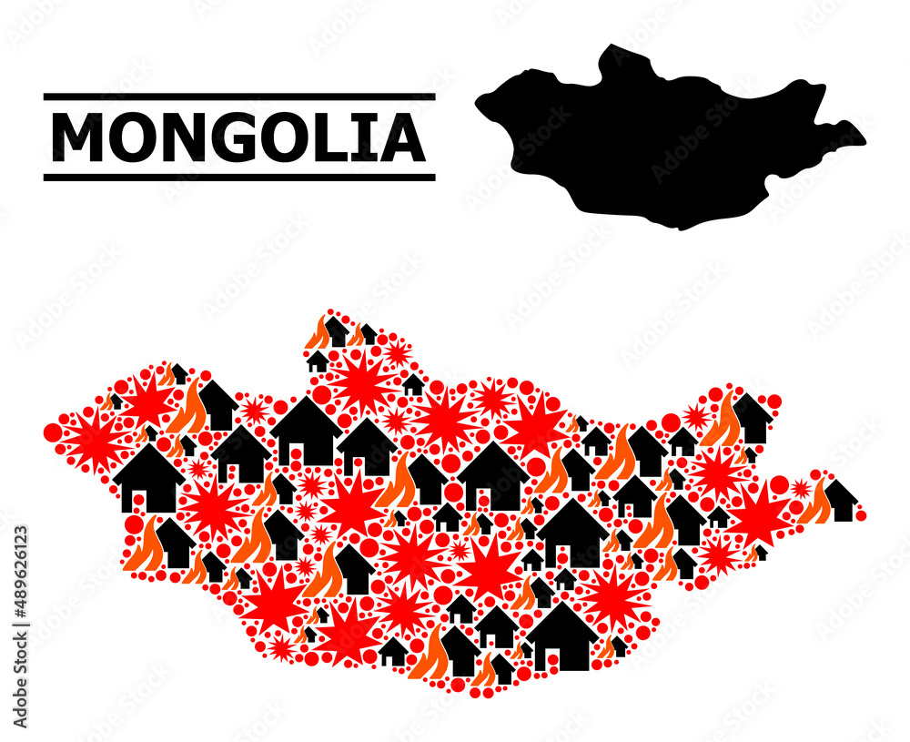 Obraz premium War mosaic vector map of Mongolia. Geographic collage map of Mongolia is organized from randomized fire, destruction, bangs, burn homes, strikes. Vector flat illustration for war proclamations.