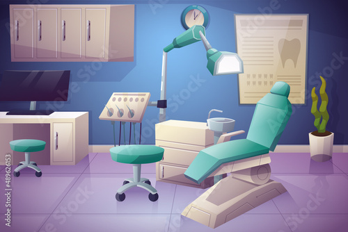 Dental room or cabinet for tooth care. Orthodontics or stomatology office for patient oral treating with drill and lamp in chair, dentist surgeon working place. Can be used for medicine and healthcare