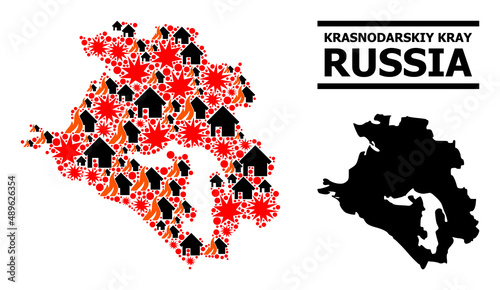 War mosaic vector map of Krasnodarskiy Kray. Geographic mosaic map of Krasnodarskiy Kray is designed from scattered fire, destruction, bangs, burn houses, strikes.