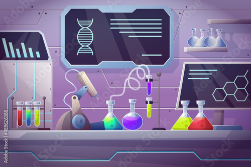 Gradient Realistic Science Laboratory Background, interior of workplace, lab analysis in test, chemical laboratory, Scientific equipment, microscope, flasks with toxic liquid in cartoon chemistry.